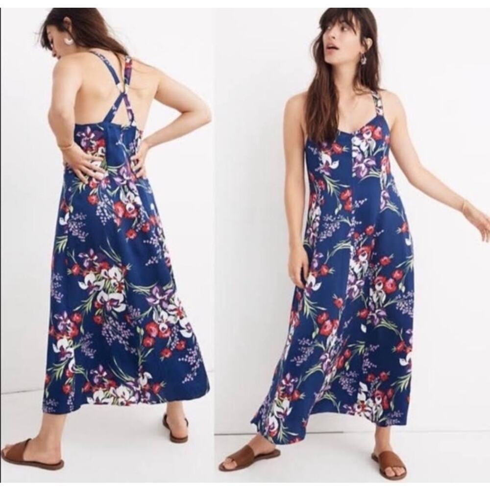 Madewell Women's Satin Cami Maxi Dress Orchid Boquet Blue Size 6 L8523‎